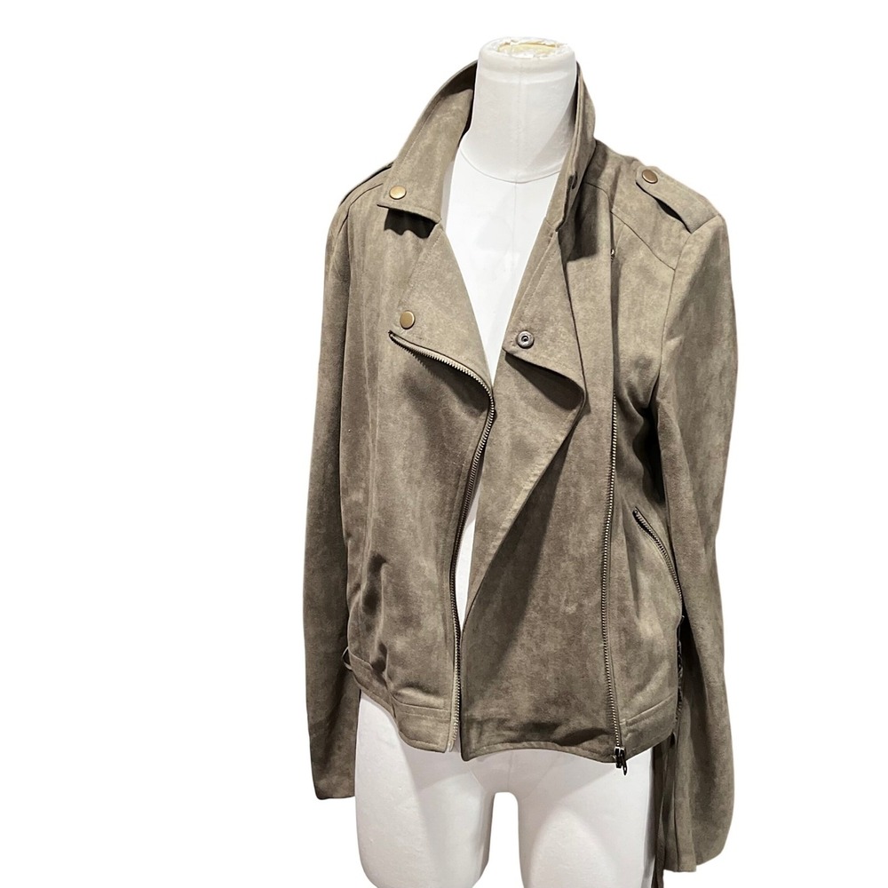 Ellison Faux Suede Moto Jacket Olive Taupe Asymmetrical Zip Edgy Sz M